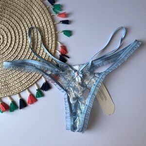 For Love & Lemons Brigitte Bow Thong Panty Blue Large NEW